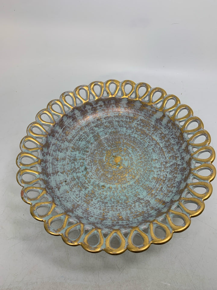 FOOTED TEAL/GOLD SHALLOW BOWL W/ LACE EDGE.