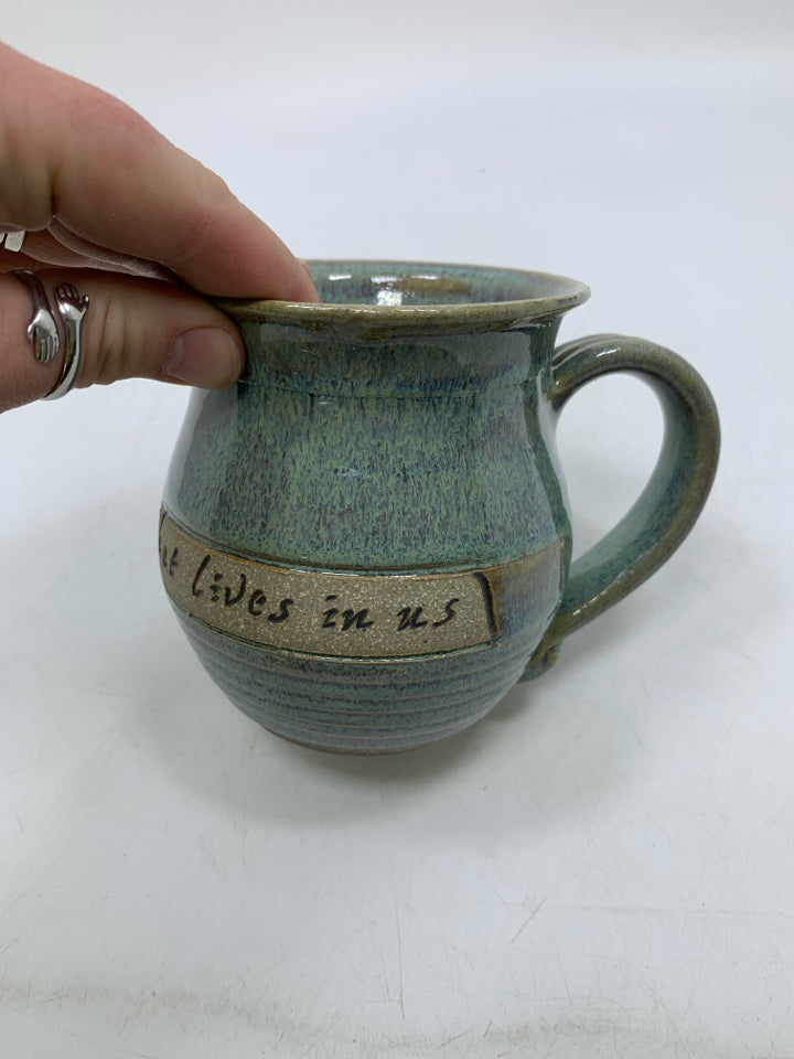 TEAL BLUE POTTERY BECAUSE OF THE TRUTH MUG.