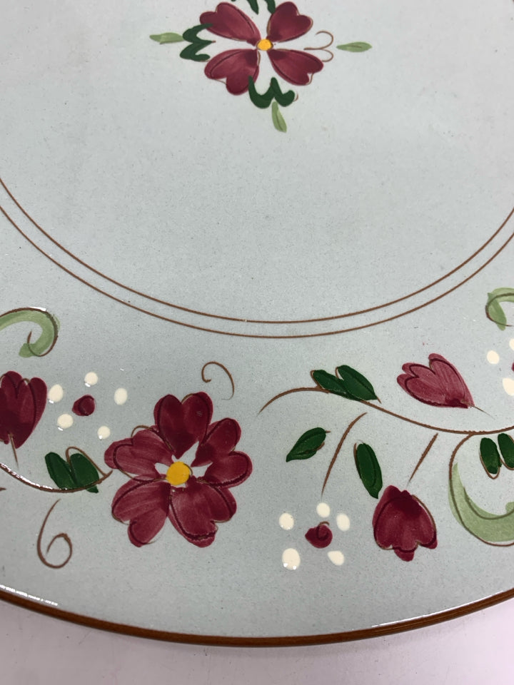 VTG BLUE POTTERY PLATTER W/RED FLOWERS.
