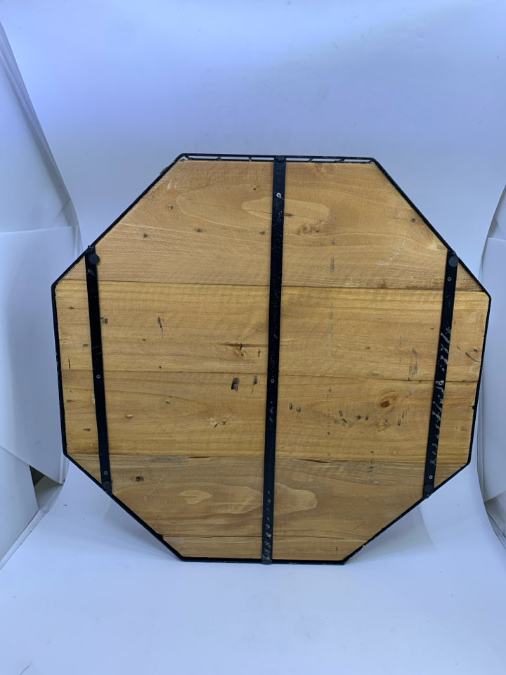 HEXAGON METAL TRAY W/WOOD BOTTOM.