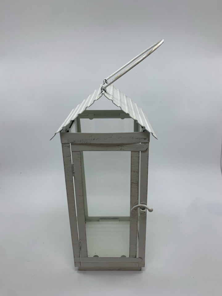 WHITE METAL CANDLE LANTERN.