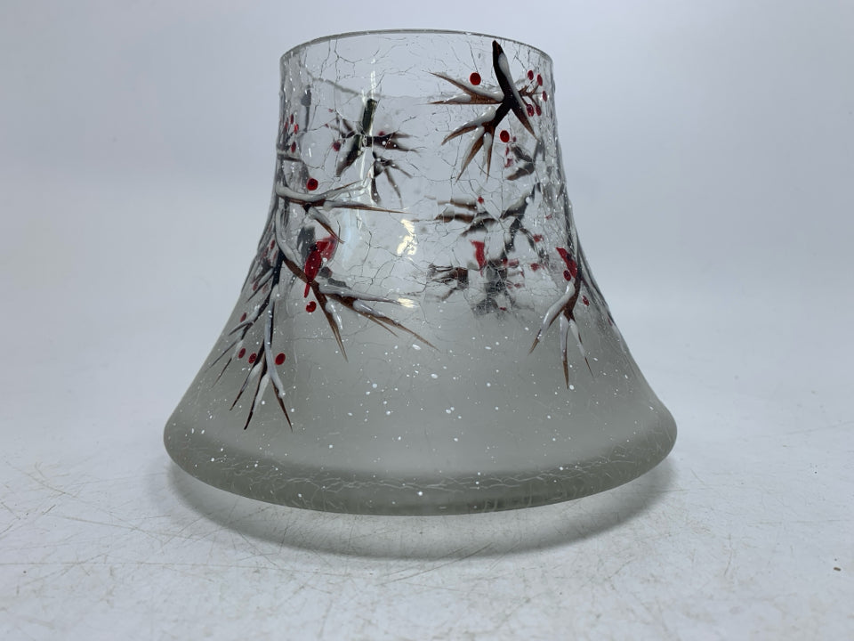 CRACKLE FROSTED GLASS CANDLE SHAPED W/ SNOW BRANCHES.