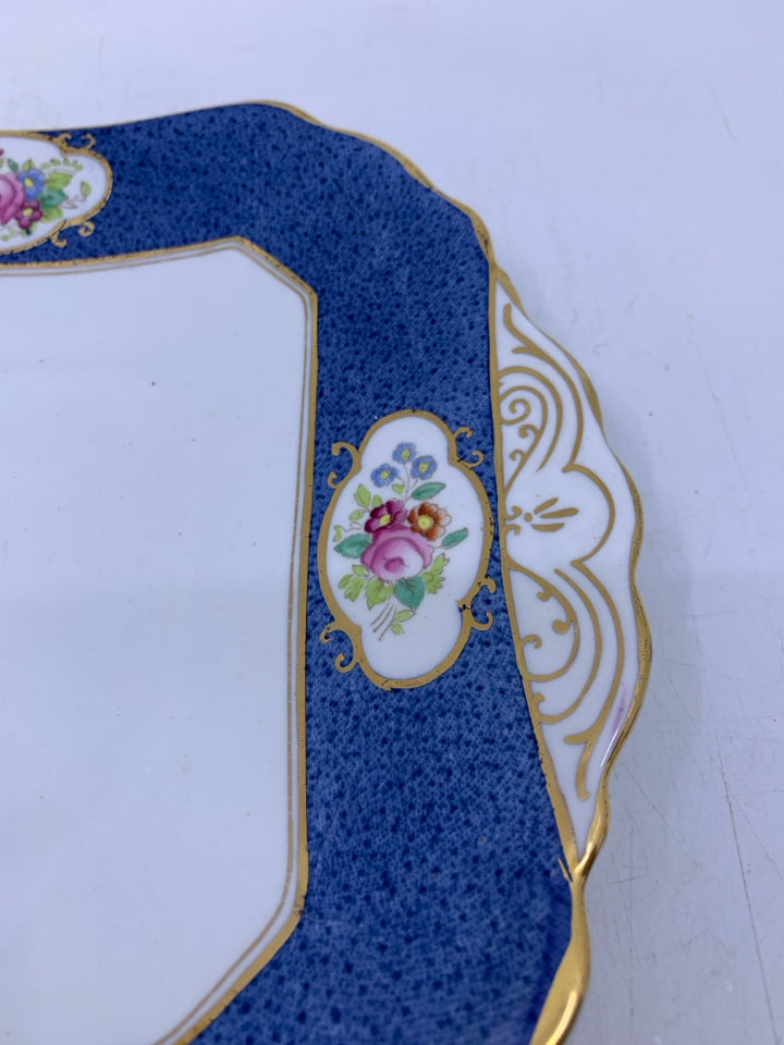 BLUE WITH FLORAL TRIM SERVING PLATE.