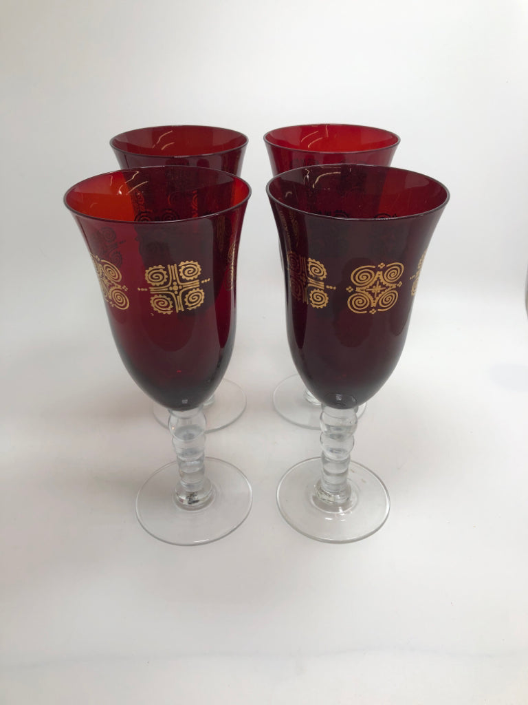 4 RUBY RED GOBLET WITH GOLD SWIRL DESIGN.