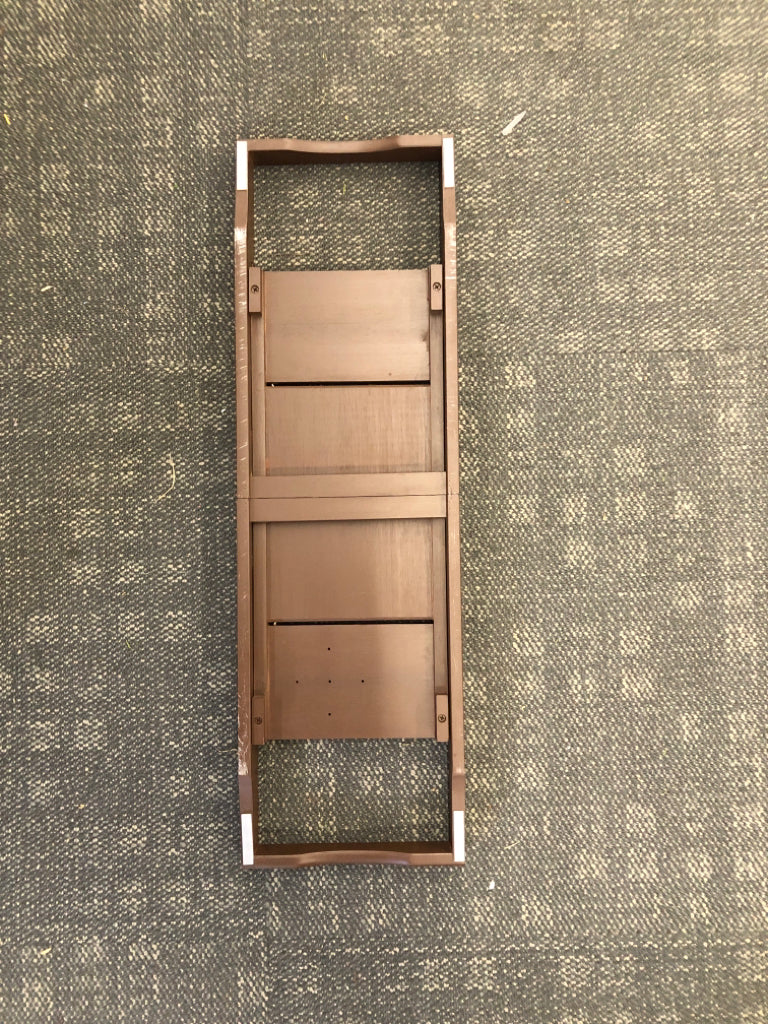 DARK WOOD EXPANDABLE BATH TRAY W REMOVABLE PIECE.