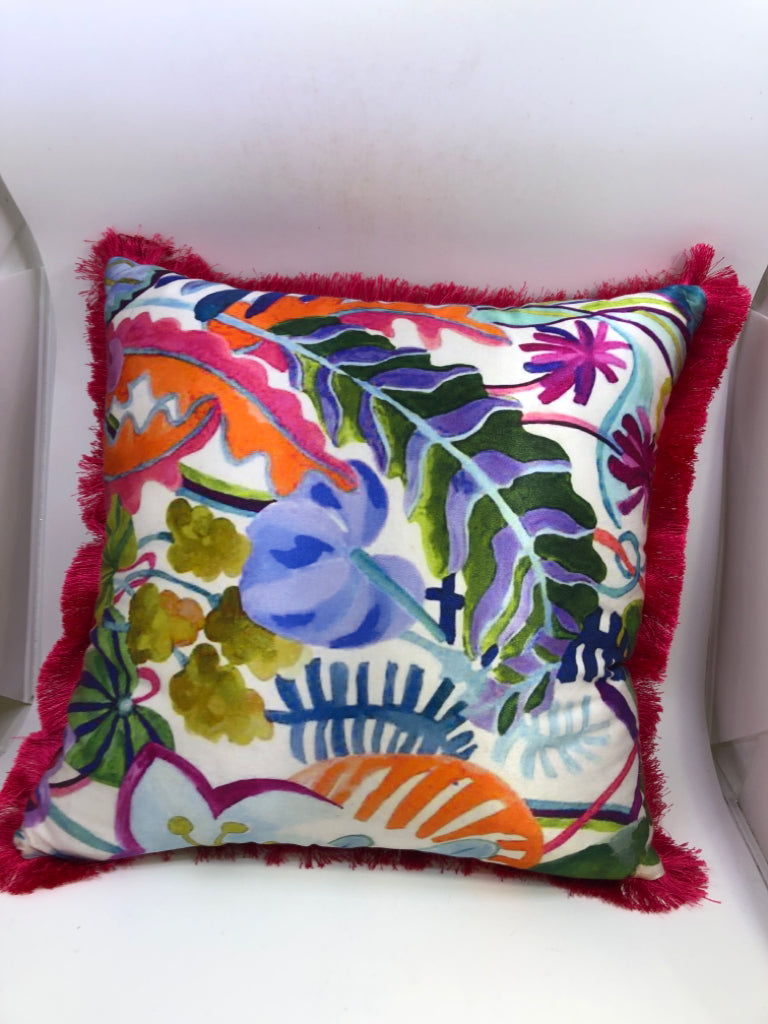 BRIGHT PINK DECORATIVE PILLOW W/FLOWERS AND FRINGE.