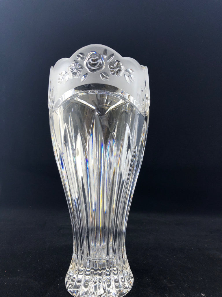 HEAVY CUT GLASS VASE W/EMBOSSED FLOWERS.