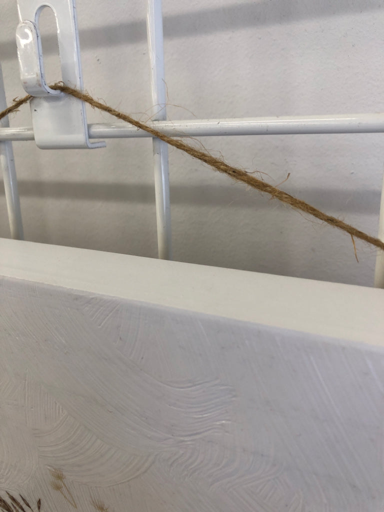 WHITE WOOD W/PAINTED LEAVES ON STEMS WALL HANGING.