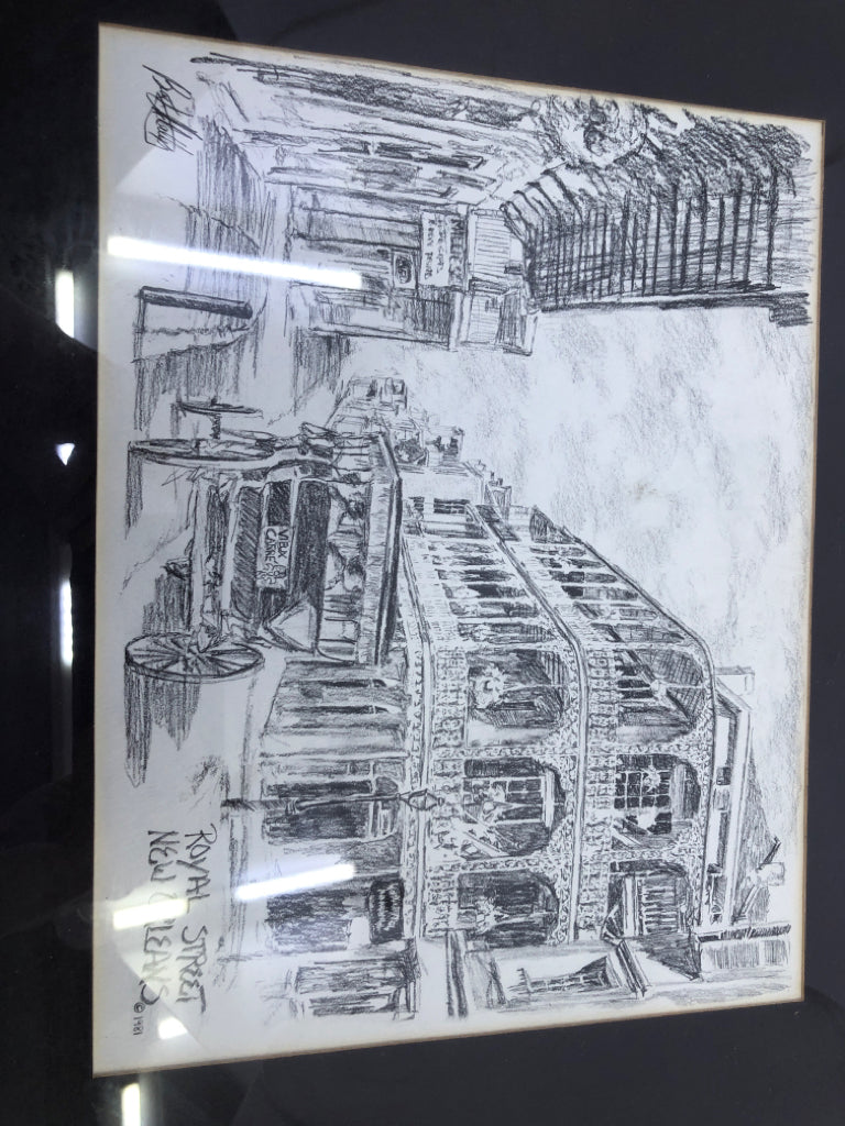 ROYAL STREET NEW ORLEANS-FRAMED CHARCOAL DRAWING.