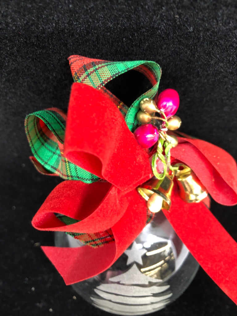 PRINCESS HOUSE GLASS ETCHED TREE ORNAMENT WITH PLAID BOW.