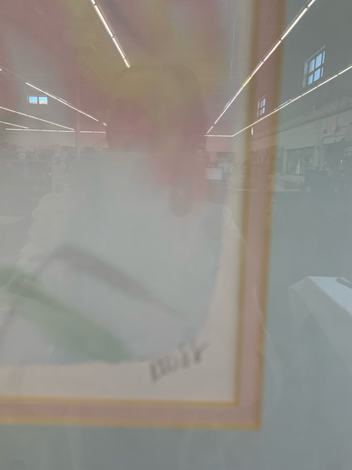 PINK FLOWER WATERCOLOR IN WHITEWASHED WOOD FRAME.