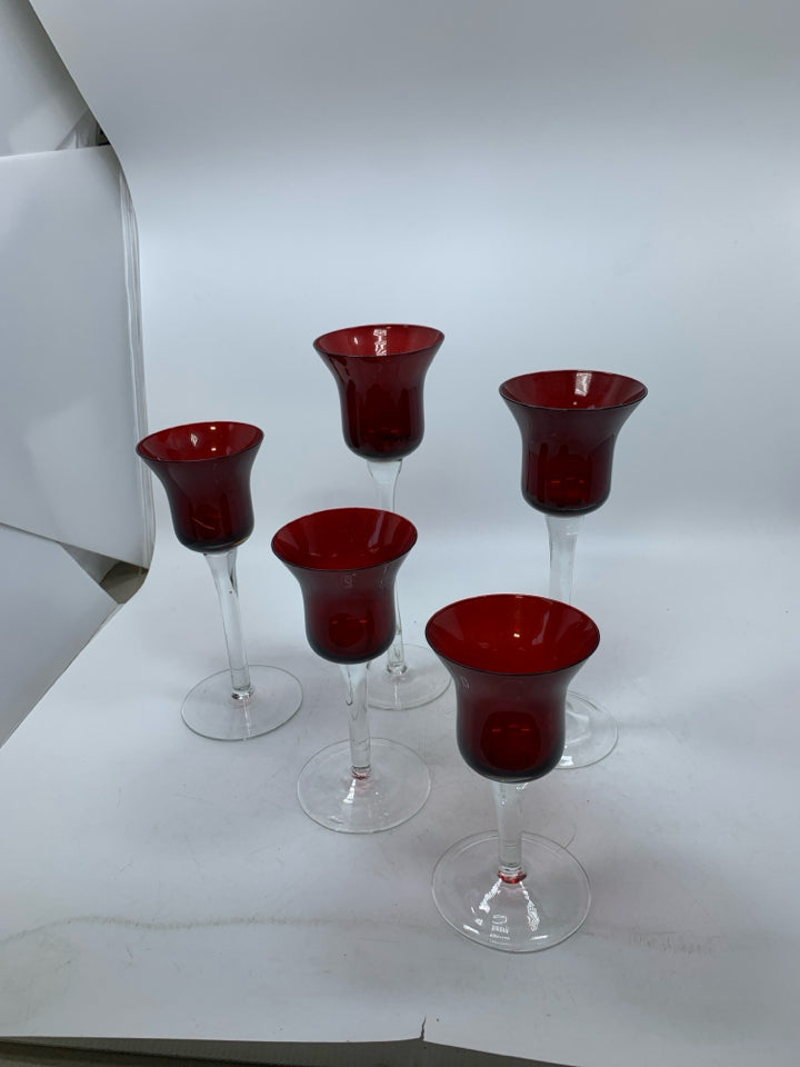 5 CLEAR STEM TEALIGHT GLASS CANDLE HOLDERS W/ RED TOPS.