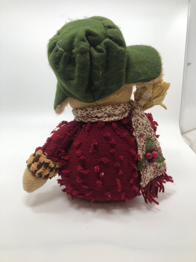 SITTING PLUSH SNOWMAN GREEN HAT/PANTS RED SWEATER.