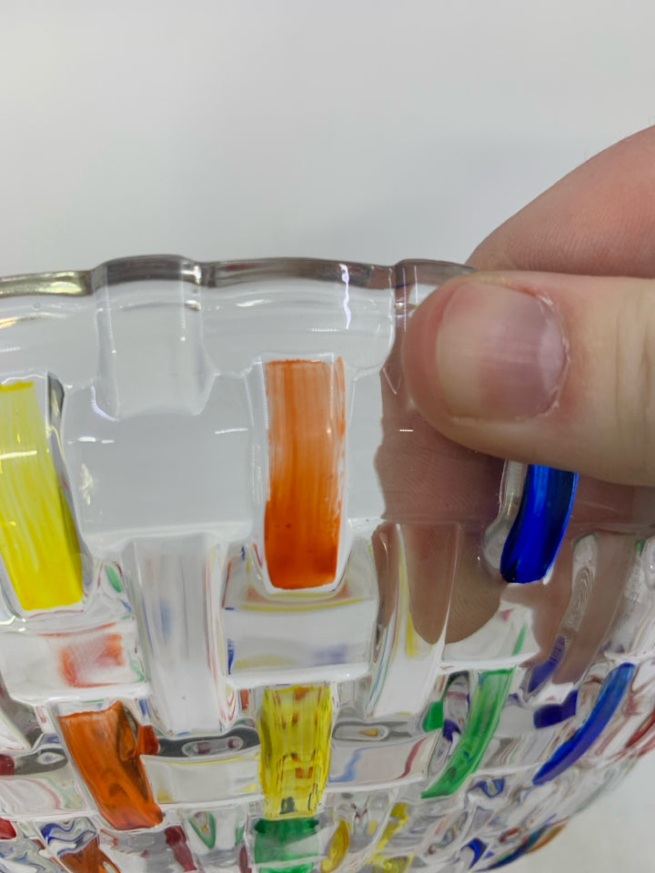 BASKET WEAVE GLASS BOWL W/ RAINBOW COLORS.