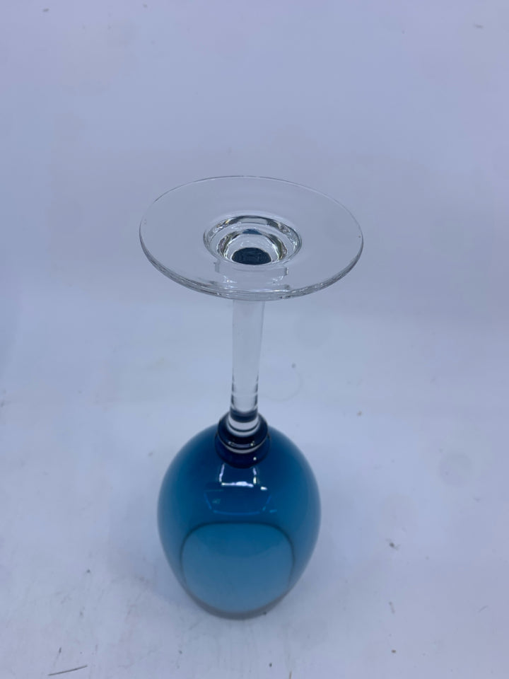 4 BLUE CLEAR STEM WINE GLASSES.