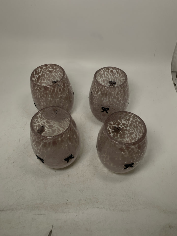 4 STEMLESS PINK SPECKLED W/ FUSED BLACK BOWS WINE GLASSES.