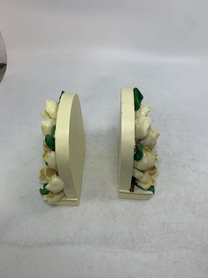 2 HEAVY RESIN ARCHED EMBOSSED YELLOW FLOWERS BOOK ENDS