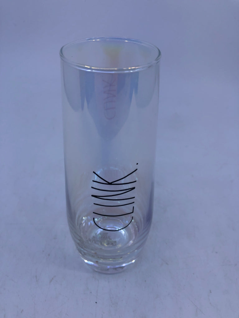 2 IRIDESCENT TOAST/CLINK RAE DUNN CHAMPAGNE STEMLESS FLUTES.