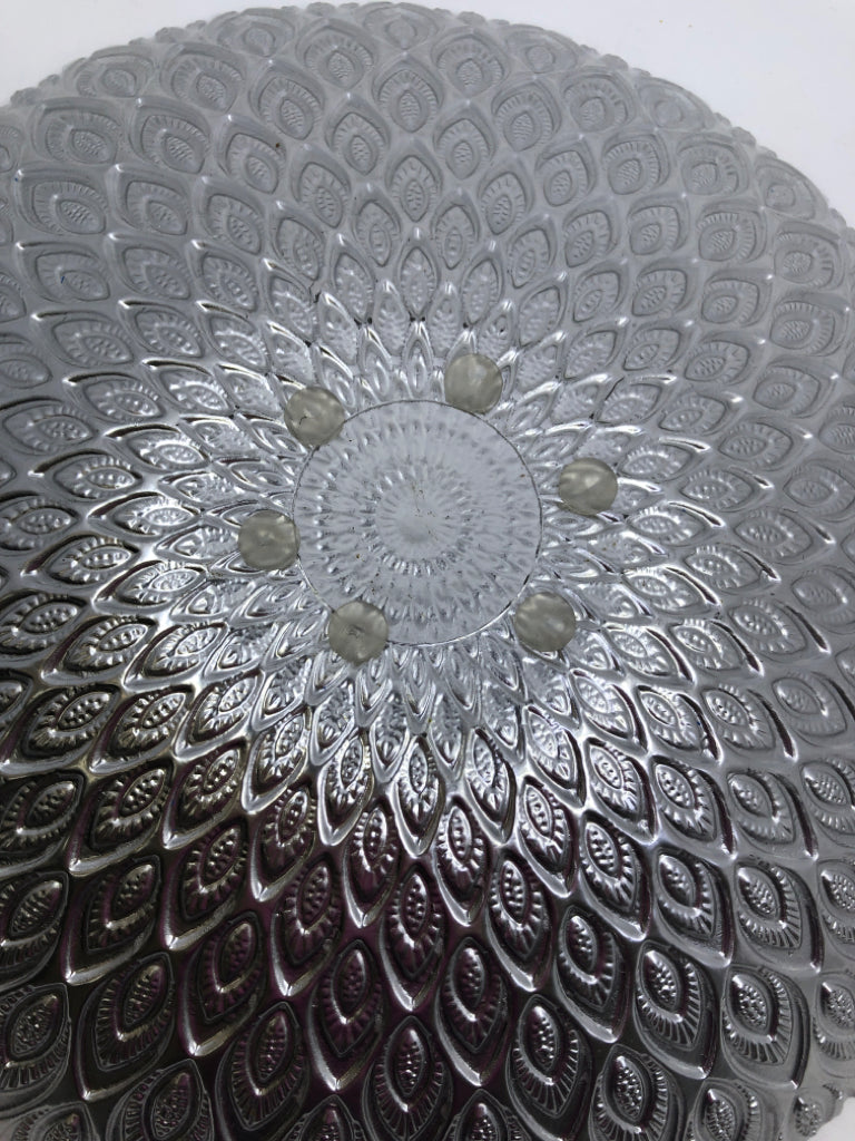 SILVER GLASS BOWL W/ TEAR DROP DESIGNS UNEVEN EDGE.