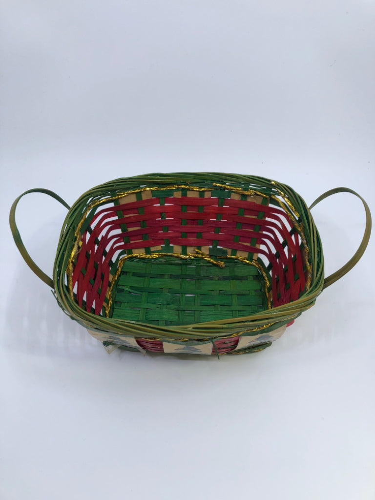 RED & GREEN WICKER BASKET W/CHRISTMAS TREES.