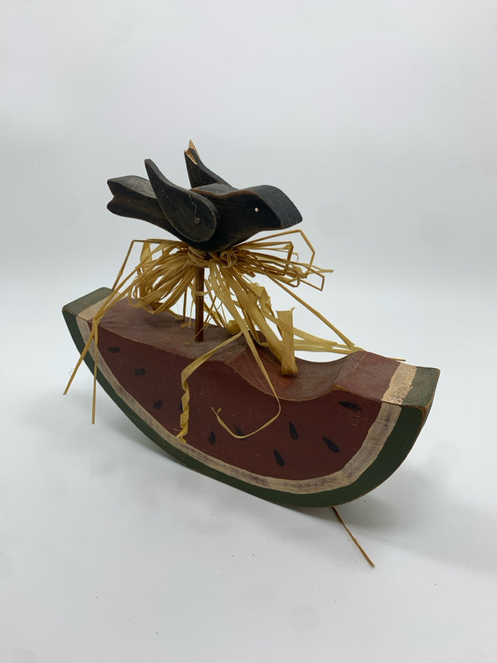 WOOD WATERMELON W/CROW PRIMITIVE DECOR.