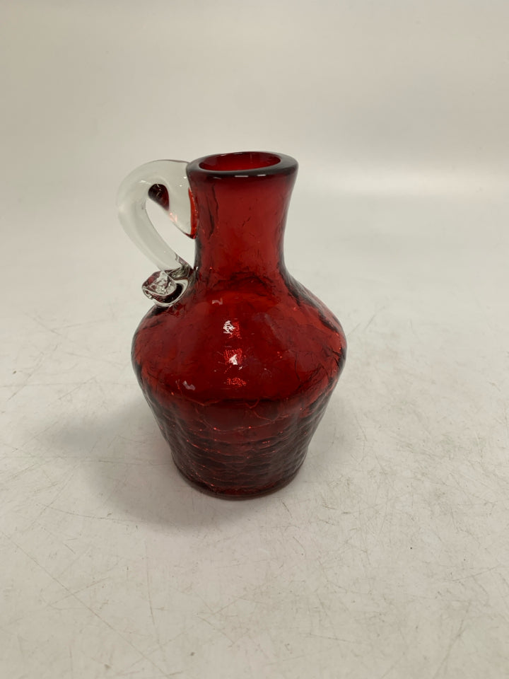 SMALL RED CRACKLE GLASS PITCHER.