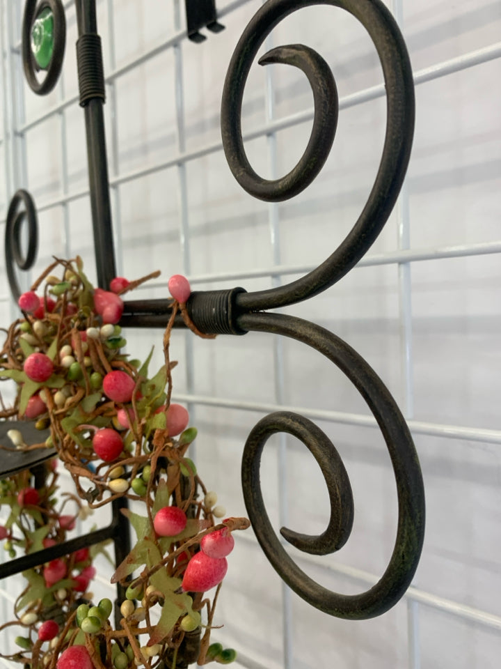 IRON DISTRESSED CANDLE HOLDER W/GREEN GEMS&PINK BUDDING WREATH WALL HANGING.
