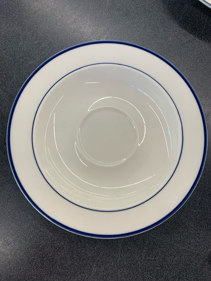 4 BLUE STRIPE STONEWARE MUG + SAUCER SET.