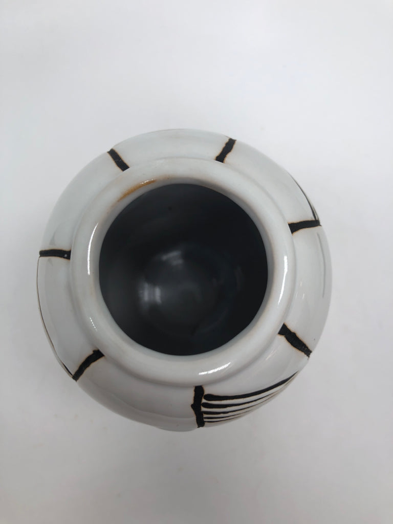 WHITE GLAZED VASE W/BLACK LINES.