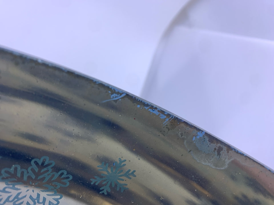 GLASS CYLINDER LAMP FROSTED BLUE W/ SNOW FLAKES.