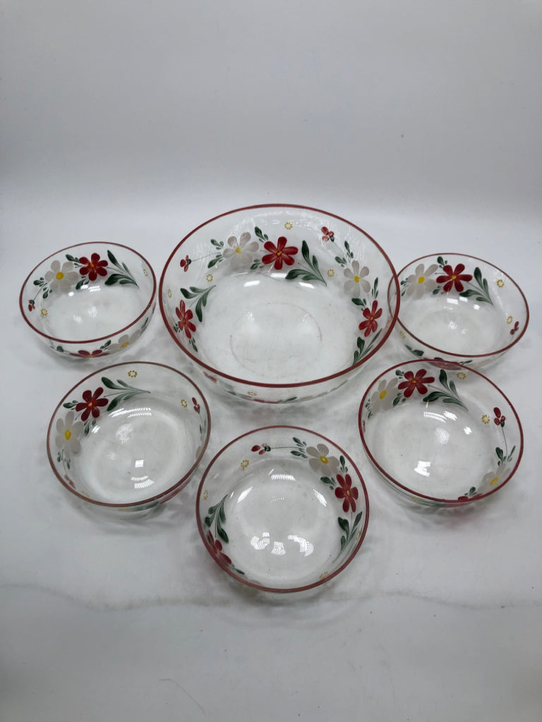 6PC DAISY PAINTED GLASS SERVING BOWL W/5 BOWLS.
