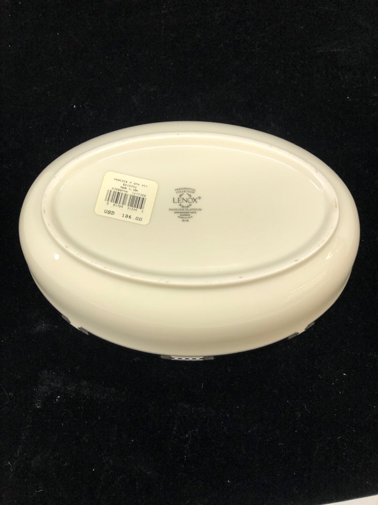 LENOX HANCOCK OVAL SERVING DISH W/SILVER RIM.