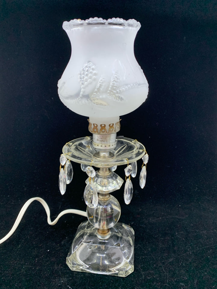 VTG FROSTED GLASS LAMP W JEWELS.