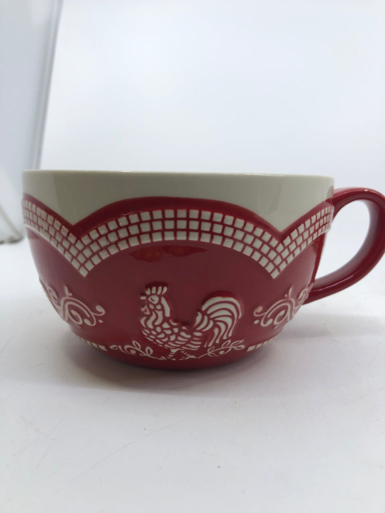 2 PC RED/CREAM COFFEE MUG AND SAUCER ROOSTER.