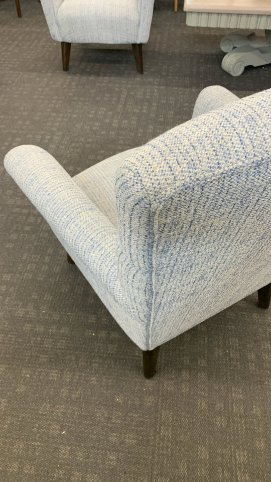 BLUE STRIPE UPHOLSTERED ACCENT CHAIR.