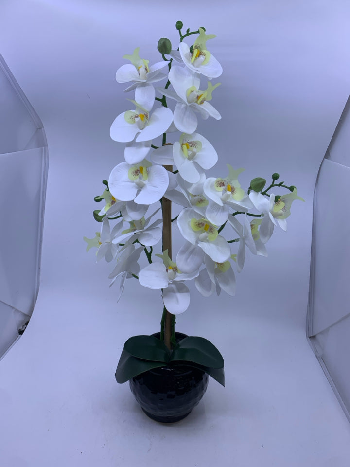 FAUX WHITE ORCHID FLORAL IN BLACK PLANTER.