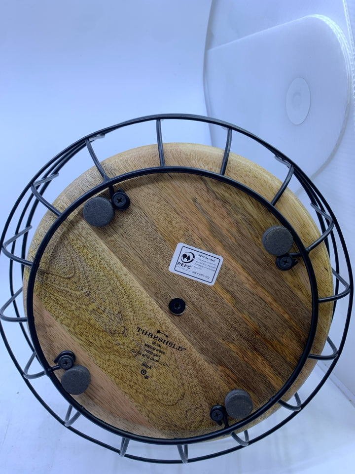 BLACK METAL 2 TIER FRUIT BASKET W WOOD BASE.