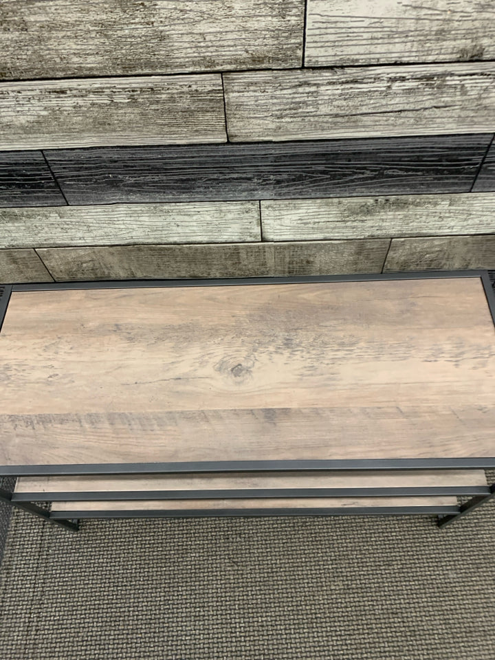 MODERN INDUSTRIAL SHOE-RACK W/GRAY WOOD & 2 SHELVES.