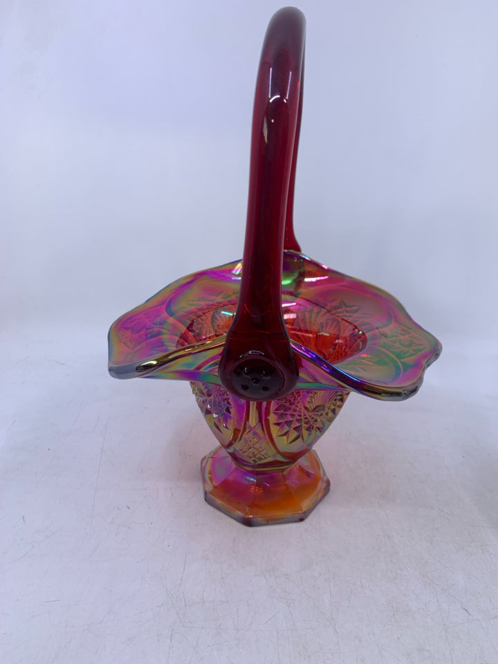 VTG INDIANA AMBERINA RED SUNSET CARNIVAL GLASS HEIRLOOM PATTERN BASKET.