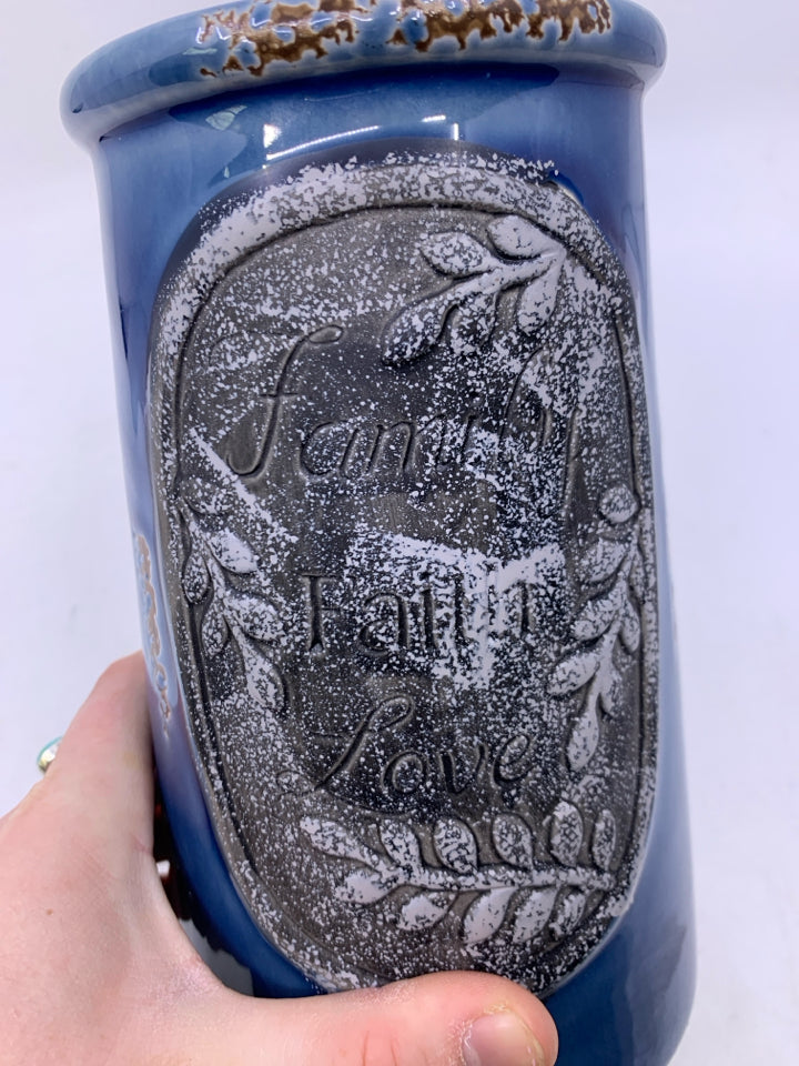 DARK BLUE VASE W/ FAMILY FAITH LOVE IN GREY CIRCLE.