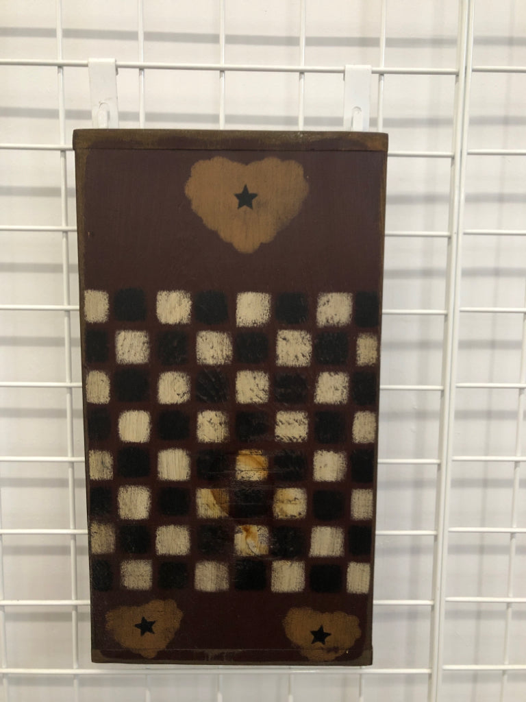PRIMITIVE CHECKER WOOD WALL-HANGING RED W/3 HEARTS&STARS.