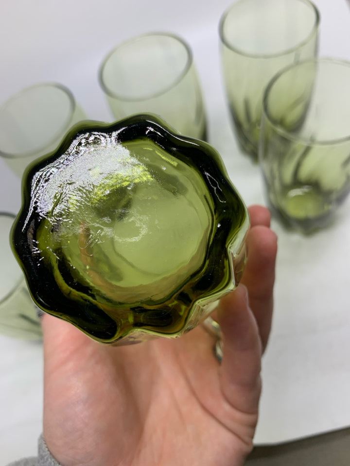 6 VTG AVOCADO GREEN SWIRL WAVE WATER GLASSES.
