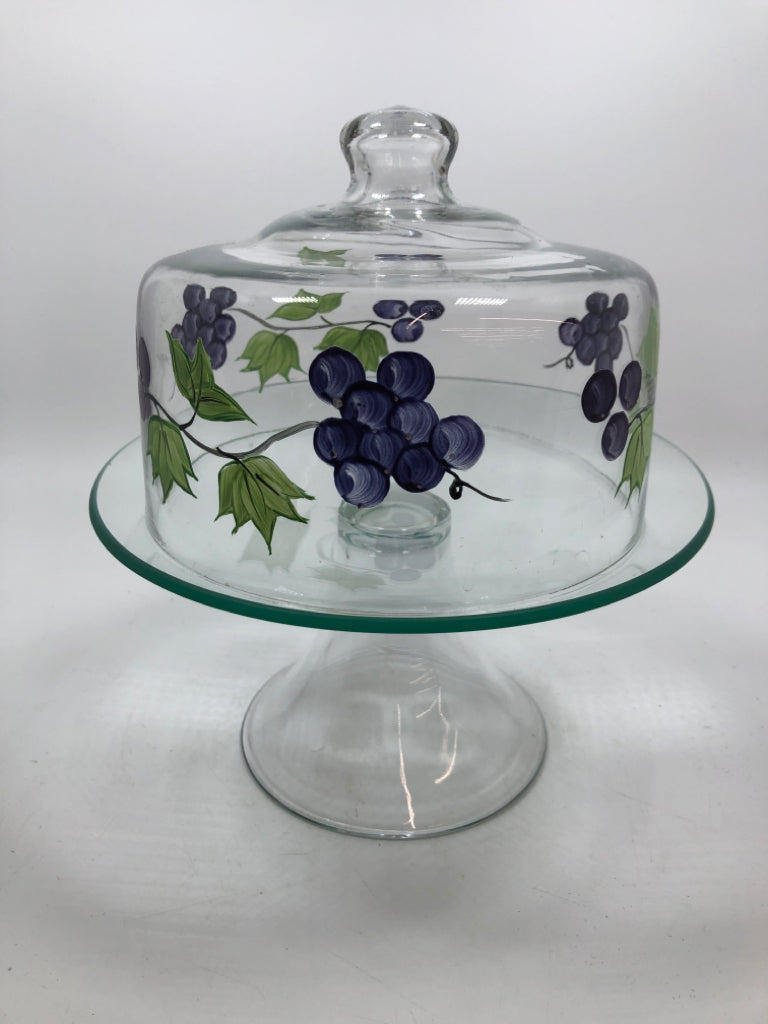 CLEAR GLASS DESSERT DOME W/PAINTED GRAPES.