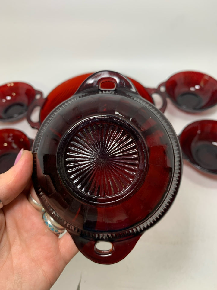 6 PC VTG RUBY RED BERRY BOWLS W/ HANDLES .