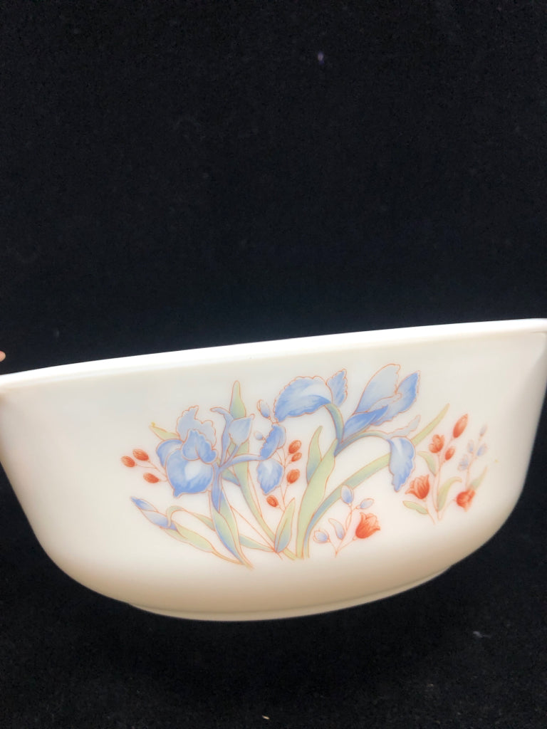 MD BLUE IRIS PYREX CASSEROLE DISH.
