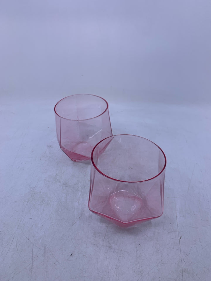 2 STEMLESS PINK GEOMETRIC SHAPED WINE GLASSES.