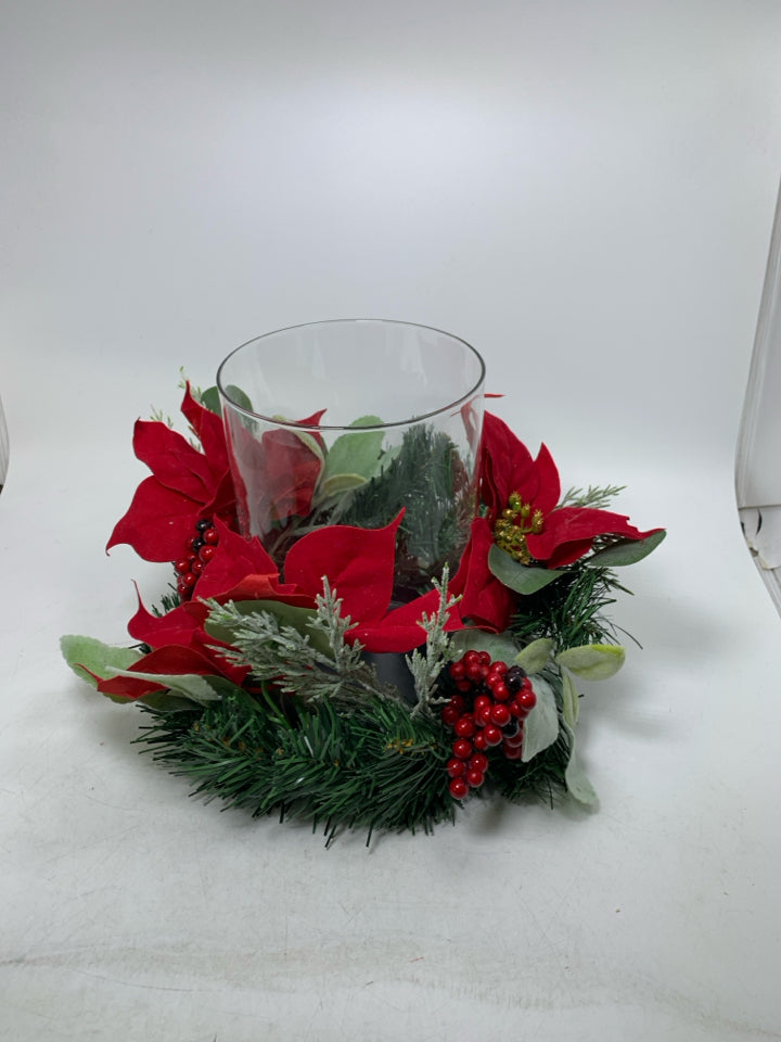 MAINSTAYS CANDLE HOLDER W/ POINSETTIA AND PINE TREE BRANCHES.