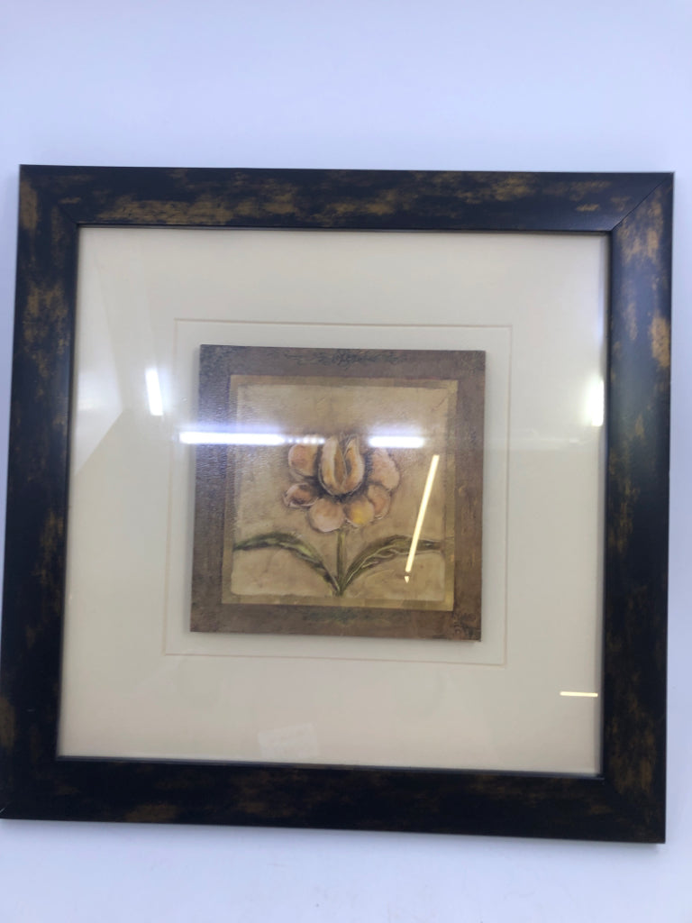 TAN IRIS FLOWER SHADOWBOX ART IN DK WOOD FRAME.