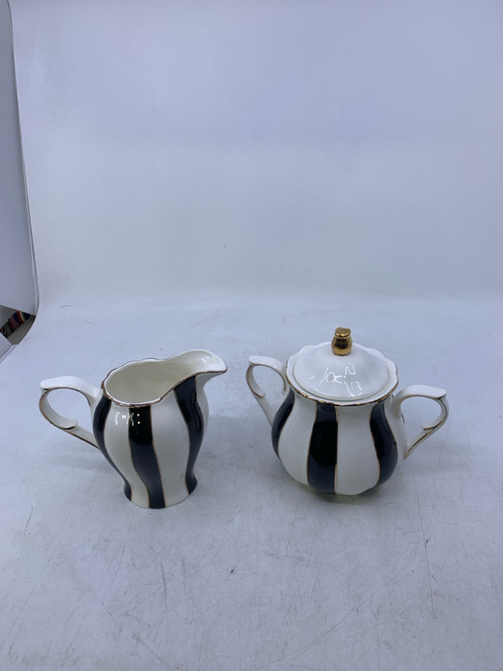 BLACK/WHITE STRIPED SUG/CREAMER W/ GOLD EDGE.