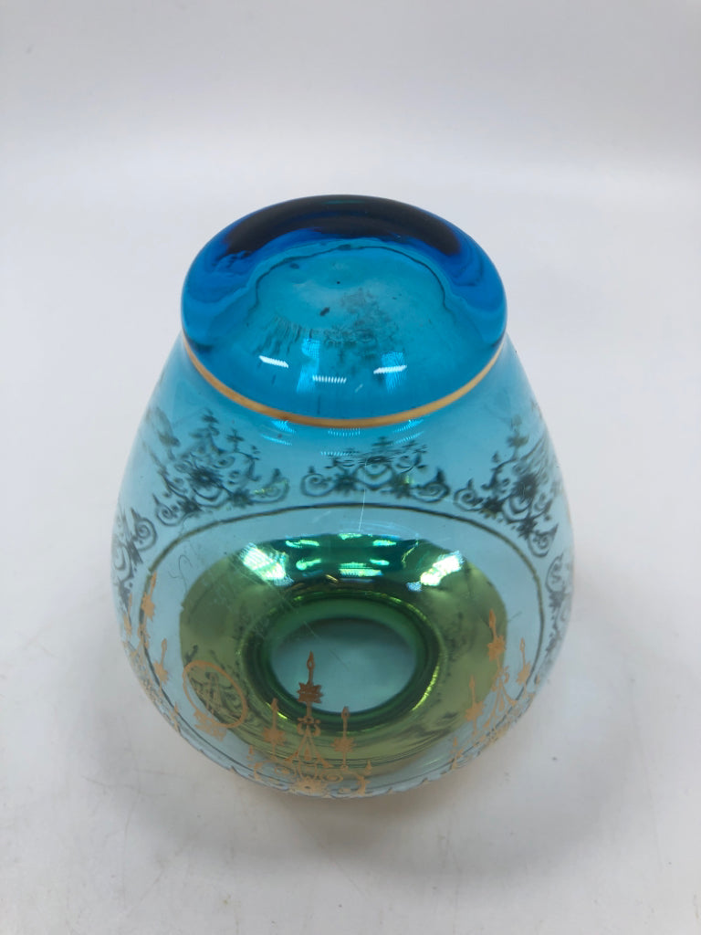 BLUE GLASS VASE W/GOLD GILT OVERLAY.